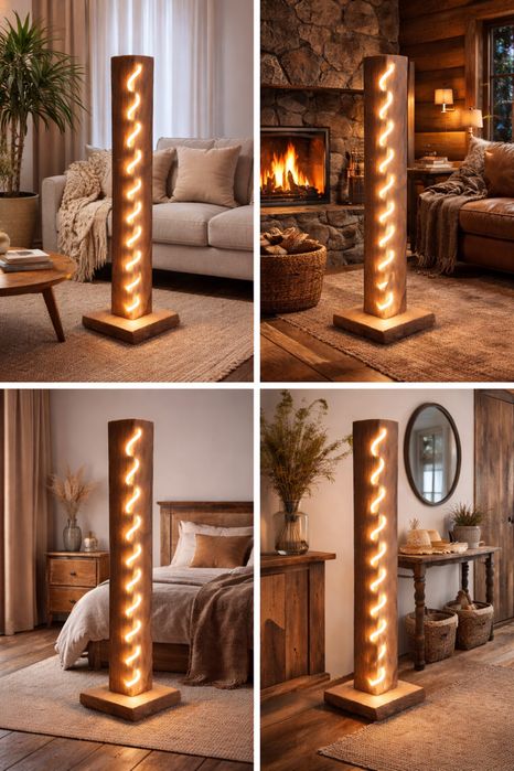 Lampa de podea din lemn masiv cu iluminare led