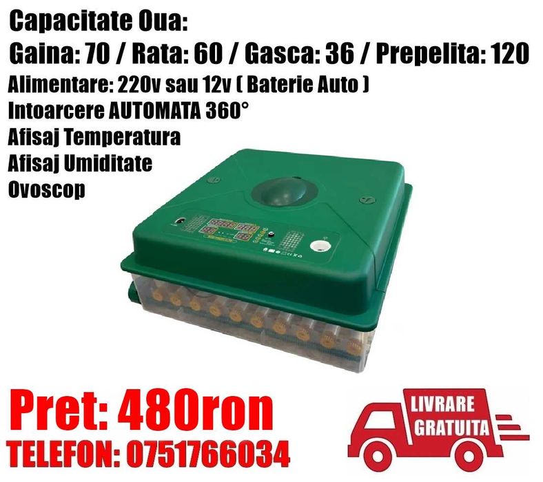 Incubator Clocitoare 70 Oua Gaina Rata Gasca Prepelite Pui Automat IL