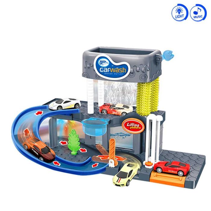 Паркинг автомивка с течаща вода и коли, с ефекти