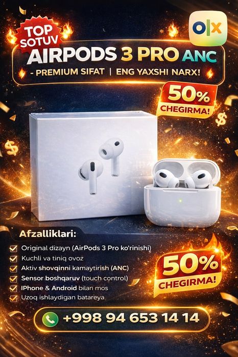 Air Pods 3 Pro ANC — 50% CHegirma Premium Sifat (optom)