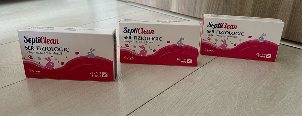 3 cutii de ser fiziologic SeptiClean (soluție nazală și oftalmică), 20 fiole x 5 ml / cutie, Nou