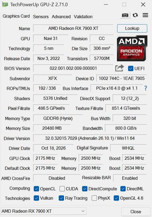 Placa Video XFX AMD Radeon™ GPU RX 7900 XT 20GB