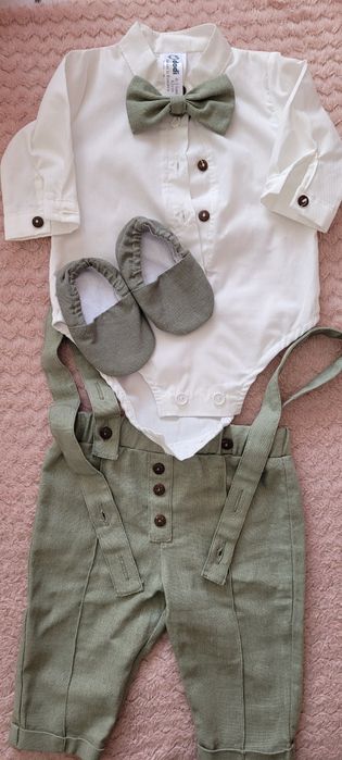 Compleu botez din in+ bumbac 100%,  cu 5 piese + jerseu mayoral