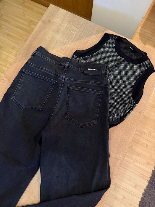 Diesel сет кроп дънки с висока талия и прав крачол кроп топ с камъчета