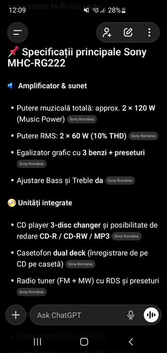 Se vinde Combină Sony HCD-RG222+Telecomandă 
Radio funcțional 
Casetel