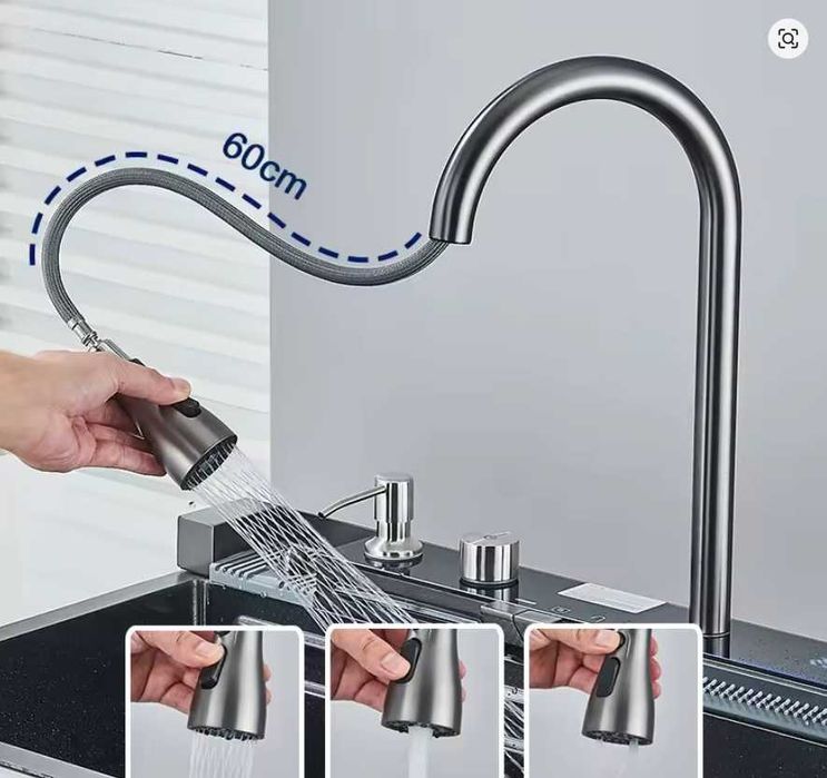 Луксозна голяма кухненска мивка със смесител и аксесоари 80см 75см