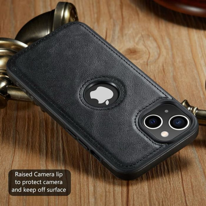 Husă din piele iPhone 15 Plus subțire premium clasică – Negru