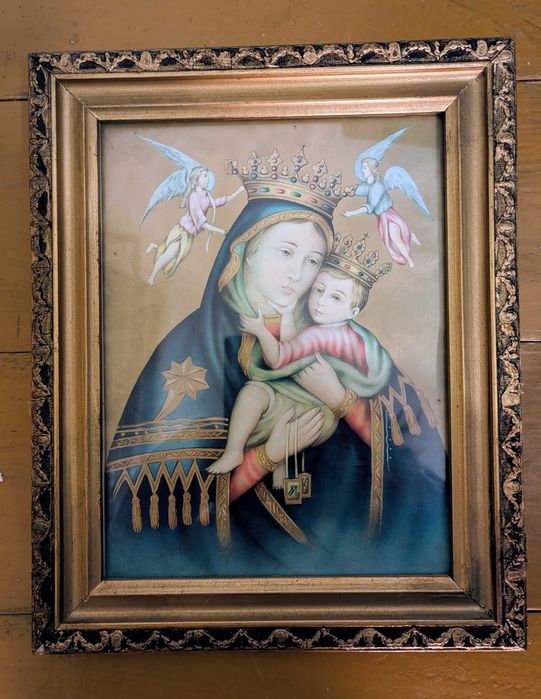 Icoană veche – cromolitografie litografie color, ramă aurită original