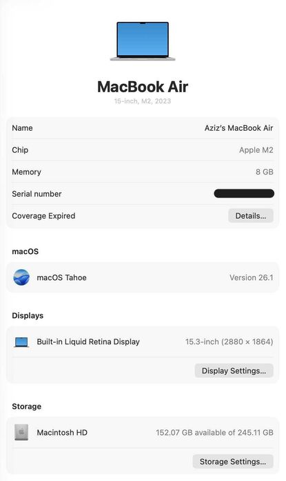 Macbook Air M2 15,3 inch, 2023