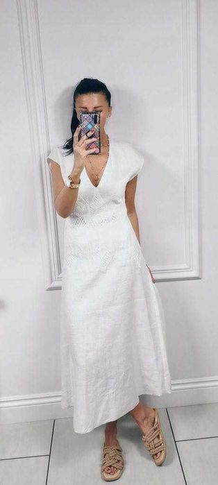 Zara Нова с етикет рокля, лятна , бяла, лен, р-р S