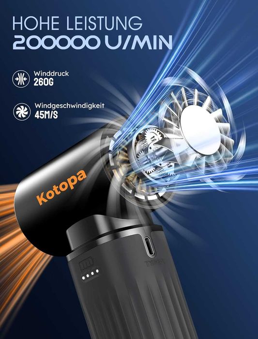 Електрическа въздушна духалка Kotopa МОЩЕН БЕЗЧЕТКОВ МОТОР 200000 RPM 8000mAh черна - НОВА -