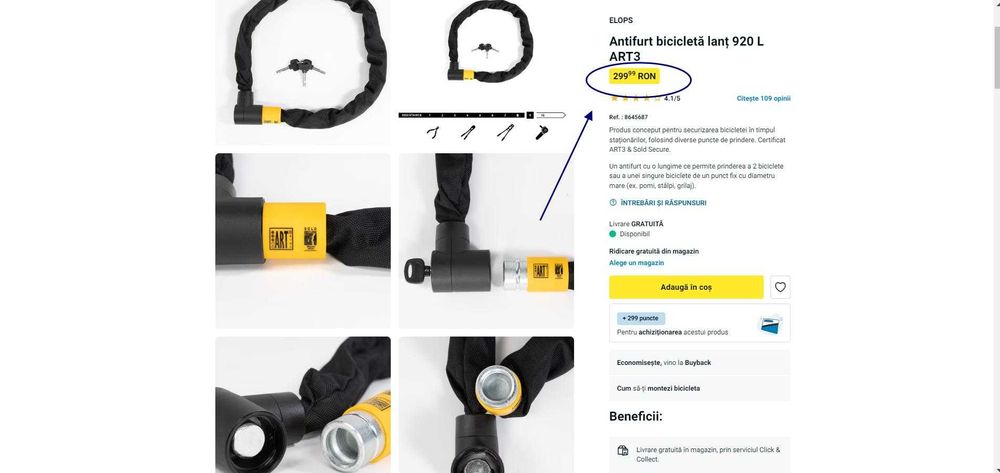 Antifurt bicicletă ELOPS lanț 920 L ART3,(Super Ofertă).