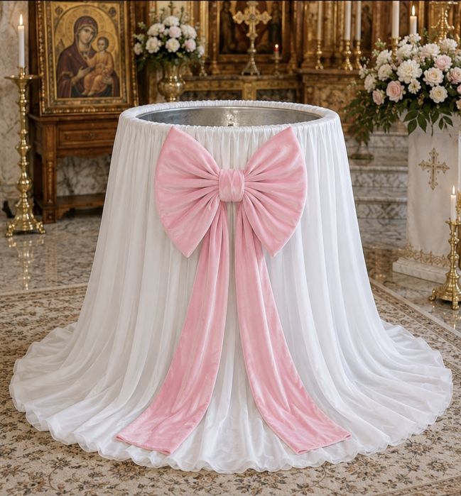Pachet decor cristelniță botez – fustă voal alb + fundă catifea premium