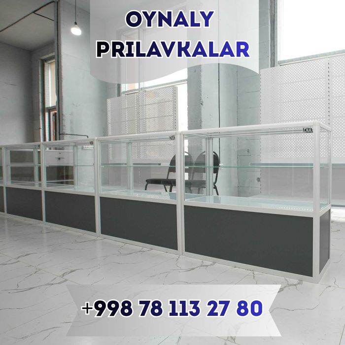 Oynalik prilavkalari, savdo uskunalari, vitrinalar, stellajlar