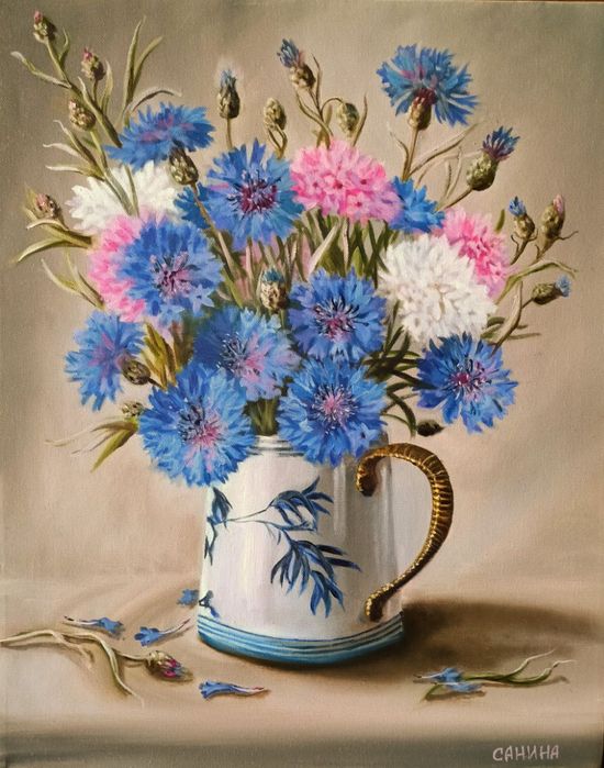 Картина маслом Васильки цветы букет