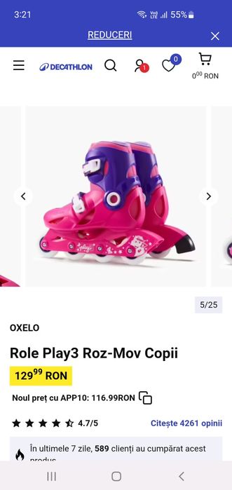 Role fetita roz Oxelo Decathlon marime 26-28 in stare foarte buna