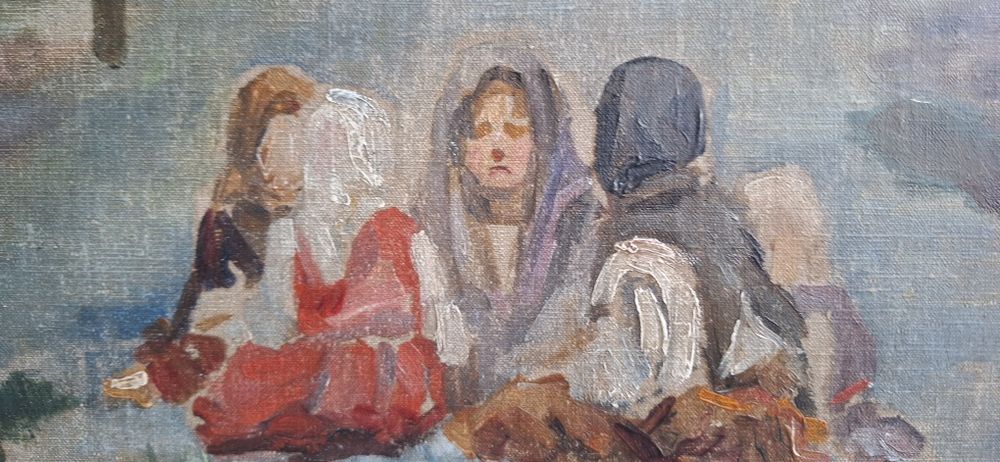 Tablou vechi, autentic, fete la sezatoare, ulei