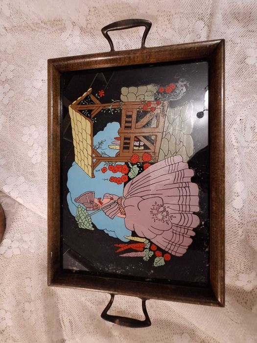 Tavă vintage din lemn și sticlă pictată manual