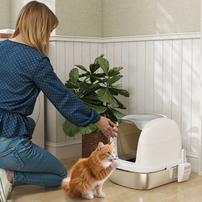 PawHut Котешка тоалетна от неръждаема стомана с капак, за котки под 5 кг, 52,4 x 41,3 x 42 см