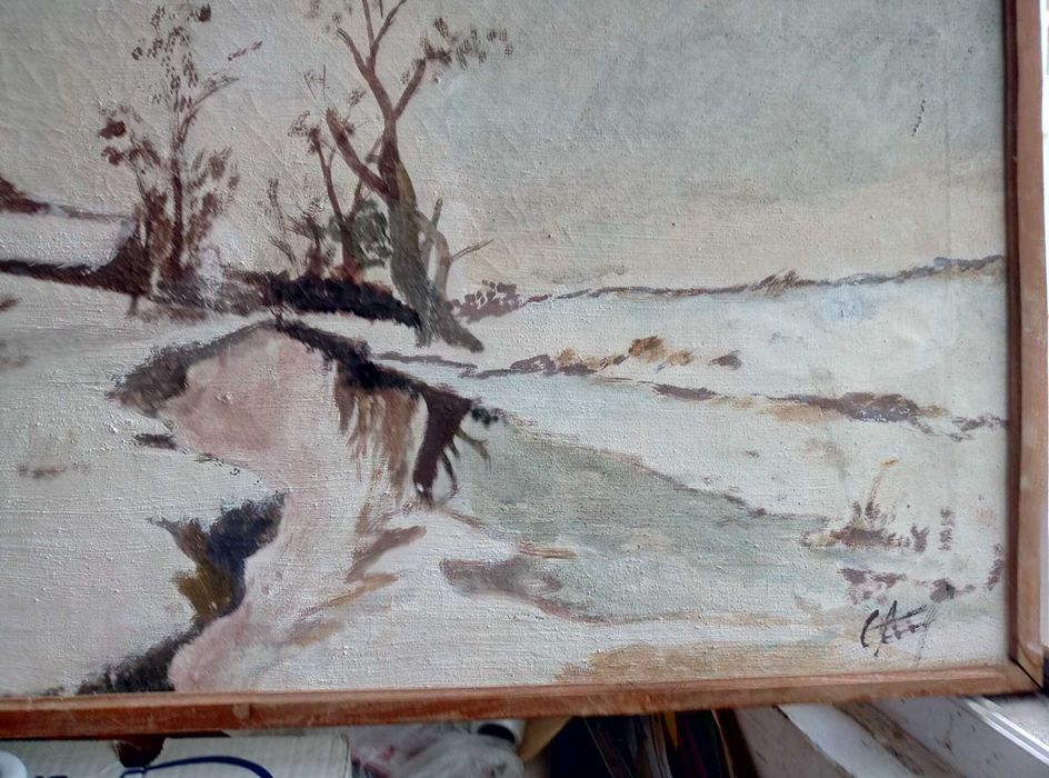 Стара Авторска Българска МАСЛЕНА КАРТИНА Зимен Пейзаж 80/50см