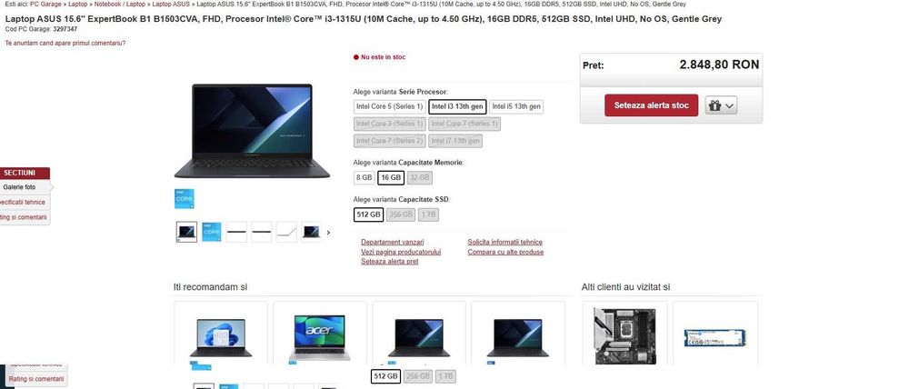 Laptop ASUS ExpertBook cu i3-1315U , 16 gb ram , ssd 512 , nou