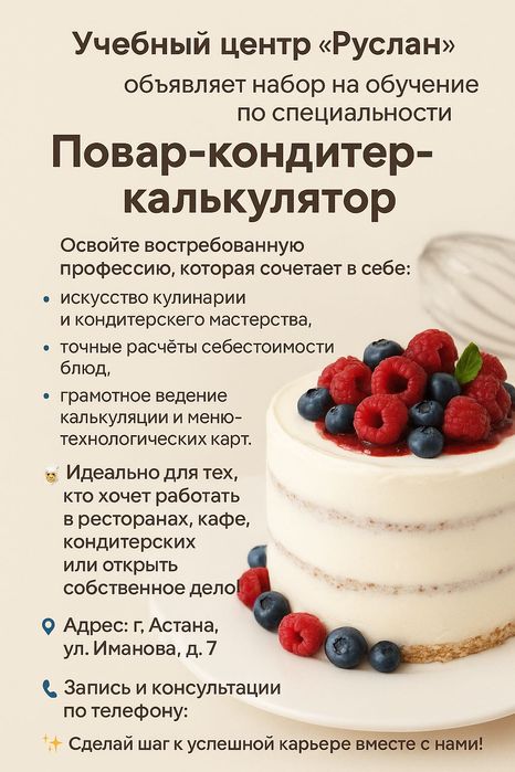 Курс "Повар-кондитер-калькулятор" в Астане!