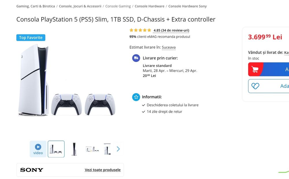 Consola PlayStation 5 (PS5) Slim 1TB, cu Disc - Impecabilă, Cutie Originală / 1 sau 2 Manete
Vând consola Play Station 5 (PS5) Slim, capacitate 1TB, v