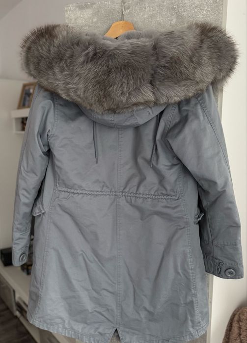 Parka gri blue albastru fox fur