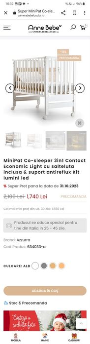 Mini Pat CoSleeper cu saltea si kit anti-reflux si lumina led