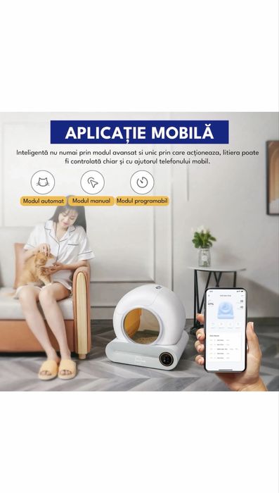 Litiera automata pentru pisica / pisici , auto-curatare, elimina mirosurile, aplicatie mobila, capacitate 9l, sterilizare IV, alb