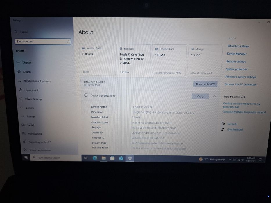Laptop fujitsu lifebook A544