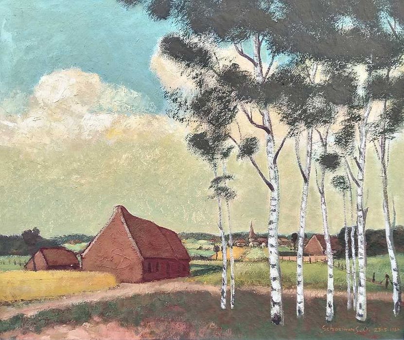 Tablou vechi - la marginea satului - semnat Schoemans.O. 1980