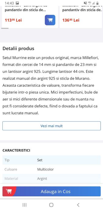 Set cercei + lantic cu pandativ argint Millefiori