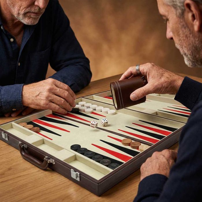 Joc table Backgammon in servieta din piele sintetica cu zaruri piese