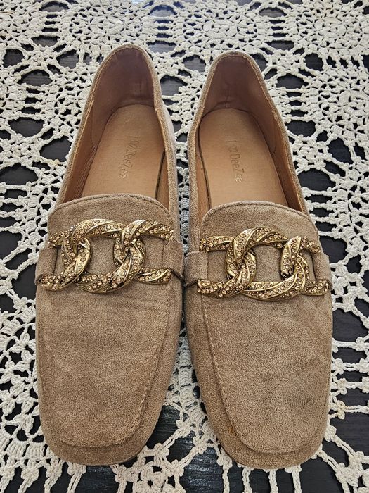 Mocasini / Loafers DeeZee bej cu lanț și strasuri