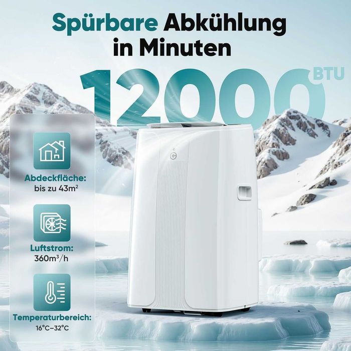 Aparat de aer condiționat portabil 3-în-1 KGOGO 12000 BTU, funcții de răcire, dezumidificare și circulație a aerului, afișaj LED și telecomandă