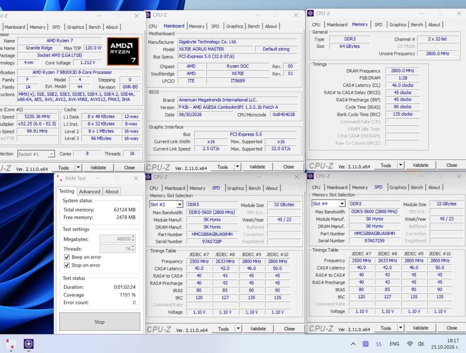 64GB 5600Mts CL46 DDR5 SK Hynix , RAM памет 2x32GB ( 6000Mts CL30 )