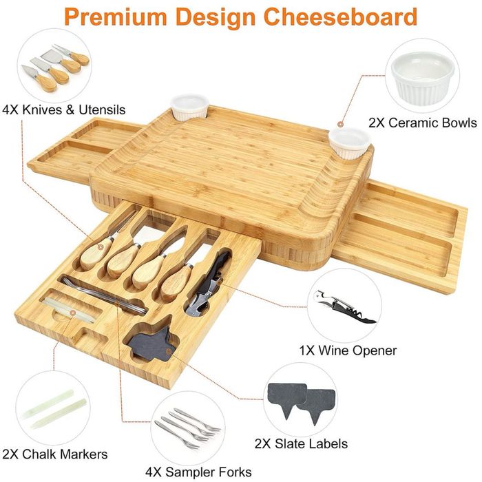 Set servire aperitive (charcuterie) din bambus cu cutite accesorii si tava rotunda cadou premium