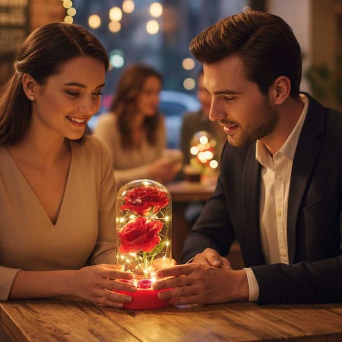 Декоративни рози в прозрачен купол и елегантна опаковка