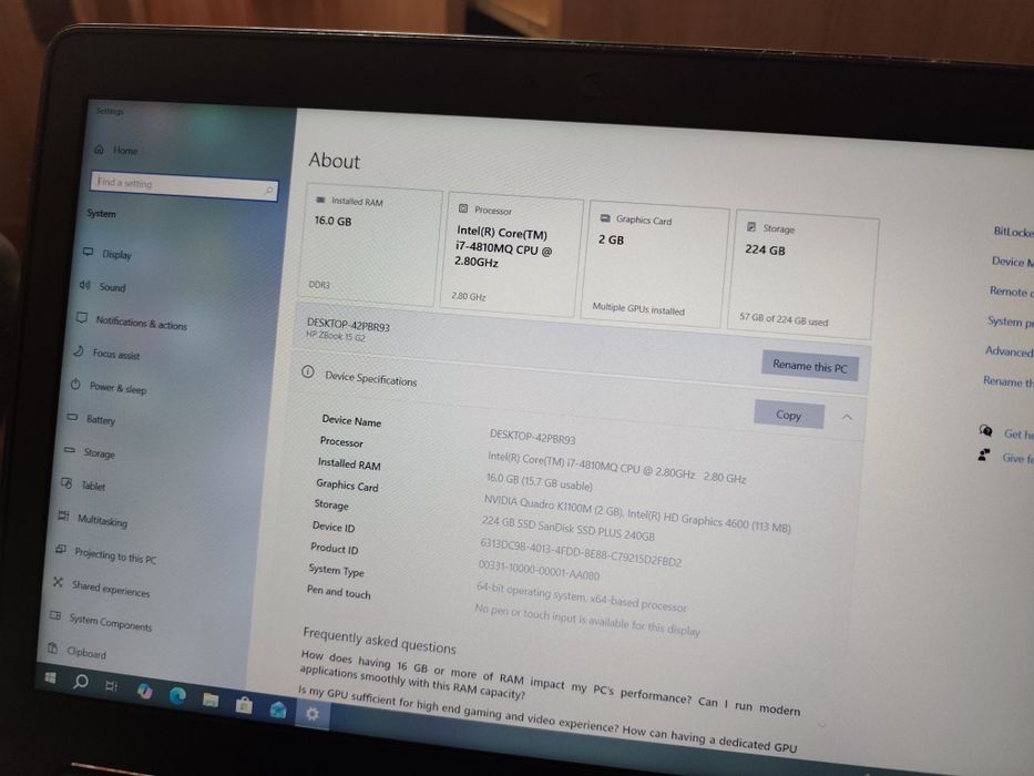 Hp zbook workstation i7 gen 4, 16gb Ram, Quadro