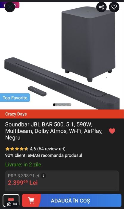 Soundbar jbl 500 bar 2 ani garantie