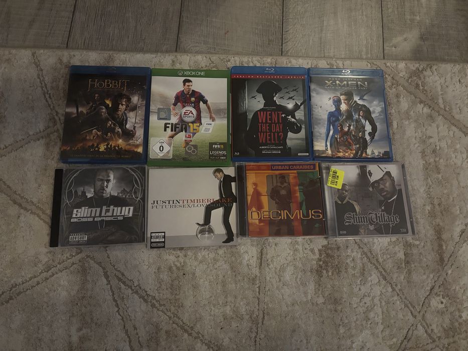 Lot filme DVD + CD-uri muzică + FIFA 15 – stare impecabilă, nefolosite