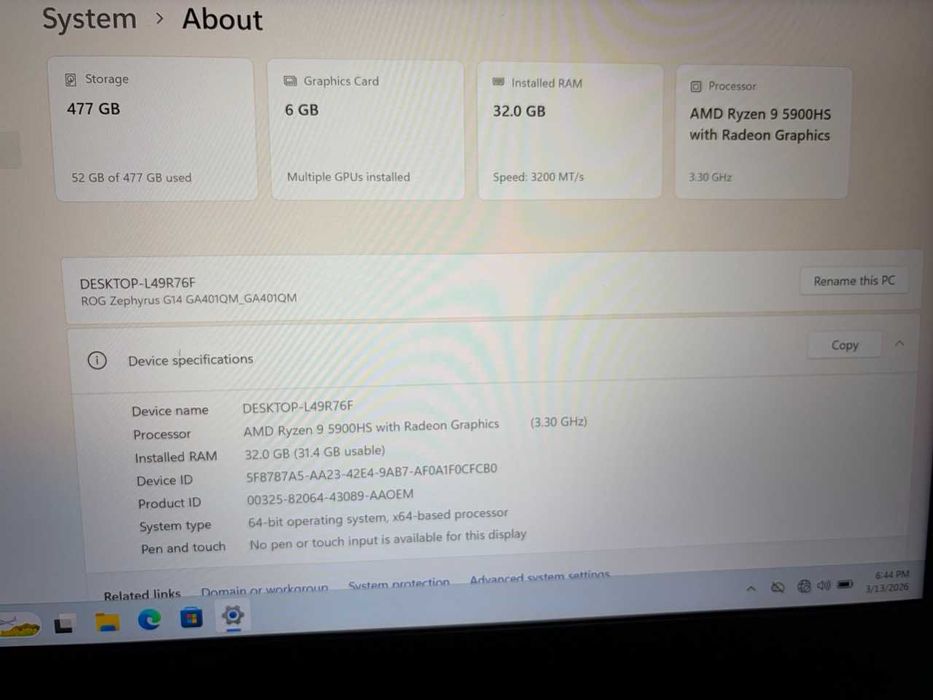 Asus / Rog Zephyrus 14 / Ryzen9 / 32+ 512 / RTX 3060 / Black