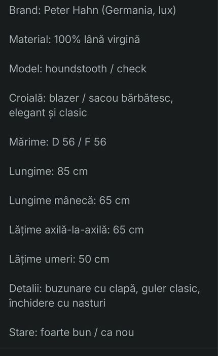 Sacou din lina 100% Peter Hann. Calitate germana.Marime 56. Impecabil.