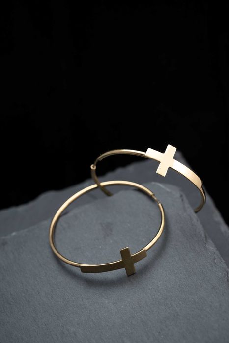 Сребърни обеци с кръст, кръгли обеци, религиозни обеци, сребро 925