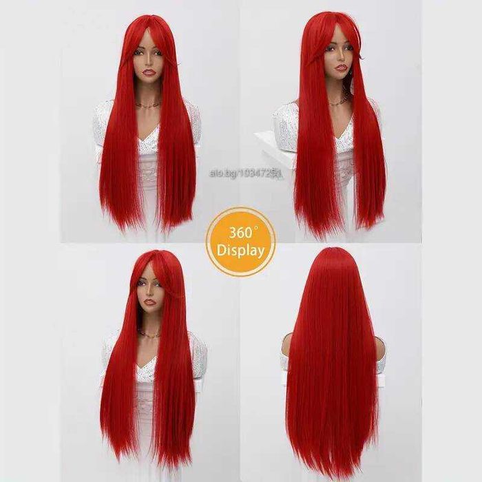 80 см Ярко червена права синтетична перука с дълъг бретон