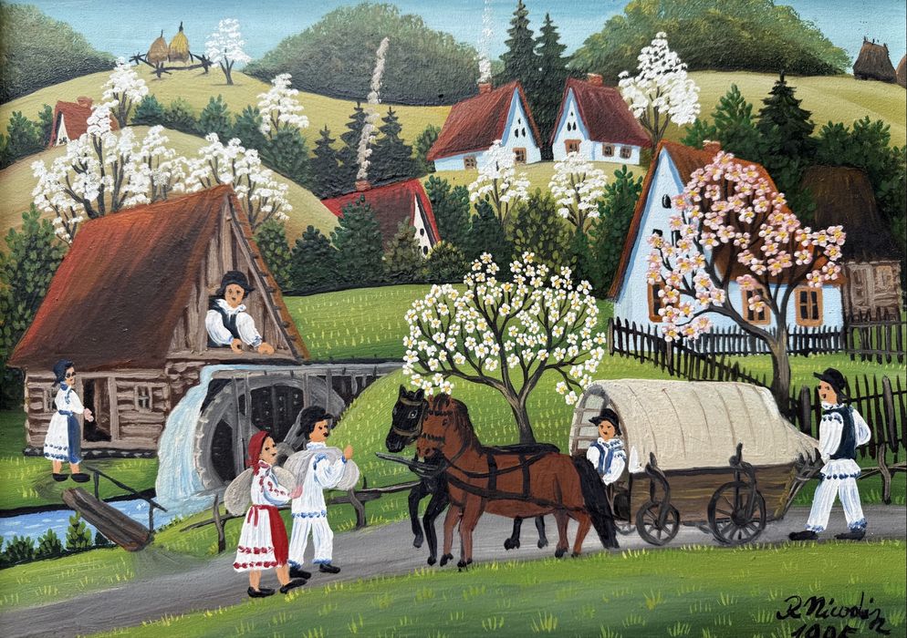 Pictura naiva “Peisaj rural” semnat Rodica Nicodim 1995