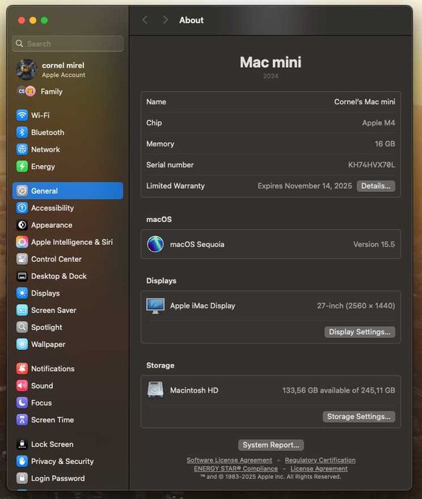 Mac Mini m4 16gb ram, 256gb