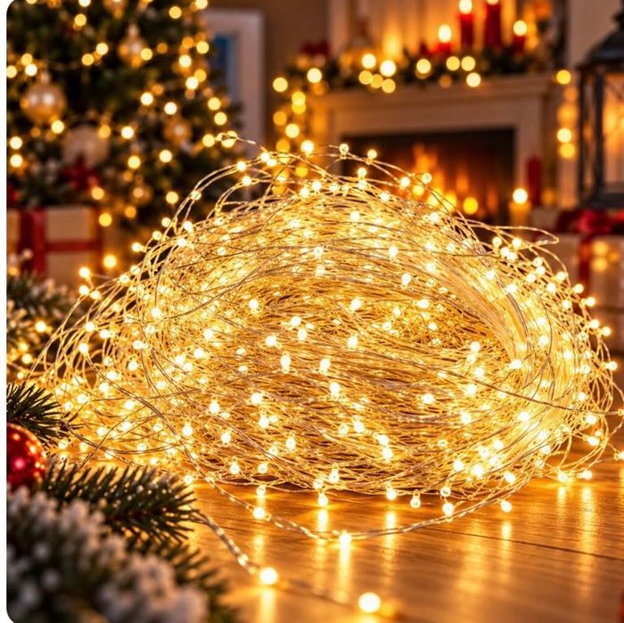 Коледни LED лампички на макара – 100 метра, 2500 LED, топла бяла светлина, 8 режима с дистанционно
