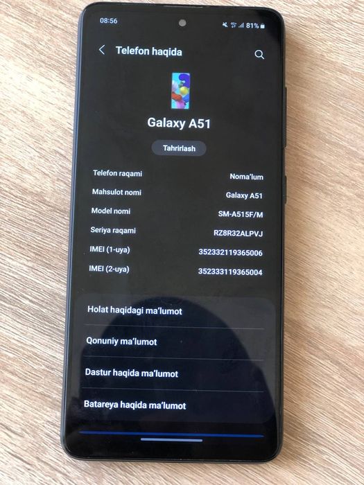 Samsung a51 xotira 128/6 tel ideal pubg 60fps aybi ekran almashgan